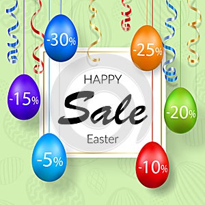 Easter sale banner. Hanging 3D Easter eggs, streamers gold ribbon, white frame, textured background. Template text for