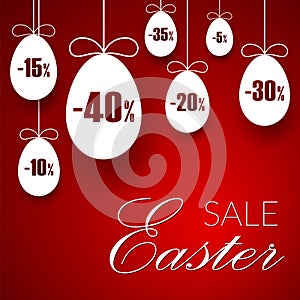 Easter sale banner. Easter hanging eggs, cartoon ribbon bow, red background. Tag template for holiday Easter decoration