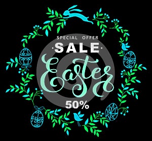 Easter sale banner with wreath of blue leaves and easter bunny o