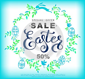 Easter sale banner with wreath made of blue leaves and easter bu
