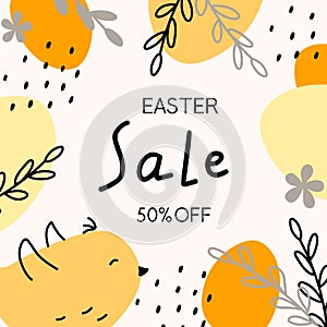 Easter sale banners. Fashionable Eastern design with typography, hand-drawn chicken and eggs.