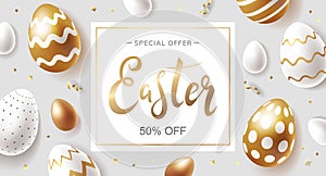 Easter Sale beautiful luxury banner design with golden and white realistic ornate eggs, lettering and gold confetti. Special offer