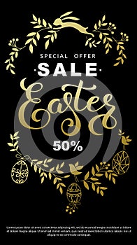 Easter sale flyer with wreath golden leaves and Easter bunny on