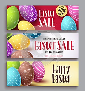 Easter sale and happy easter vector banner design set with colorful eggs elements