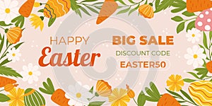 Easter sale horizontal background template for promotion. Design with painted eggs, flowers and carrots. Spring seasonal