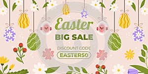 Easter sale horizontal background template for promotion. Design with painted eggs, flowers and carrots. Spring seasonal