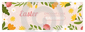 Easter sale horizontal banner template for promotion. Design with flowers. Spring seasonal advertising. Hand drawn flat