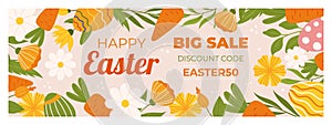 Easter sale horizontal banner template for promotion. Design with painted eggs, flowers and carrots. Spring seasonal