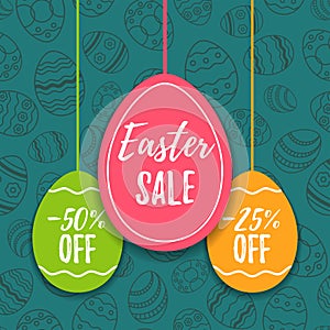 Easter sale offer, banner template. Colored eggs with lettering, isolated on blue seamless background. Easter paper eggs sale tags