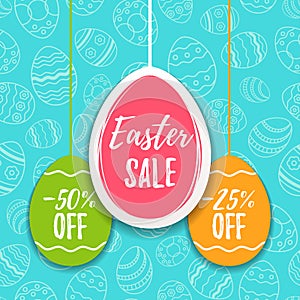 Easter sale offer, banner template. Colored eggs with lettering, isolated on blue seamless background. Easter paper eggs sale tags