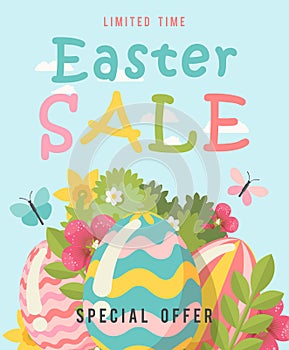 Easter sale special offer banner with eggs and spring flowers. Modern template with pastel colors.
