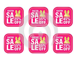 Easter sale stickers pink set. Sale 25%, 35%, 45%, 55%, 65%, 75% off discount