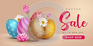 Easter sale vector banner design. Easter sale discount promo offer text with colorful pattern eggs