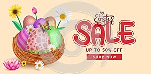 Easter sale vector banner design. Easter sale text shopping discount promo offer