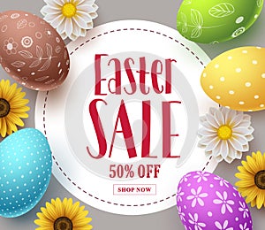 Easter sale vector banner template design with colorful eggs, spring flowers and sale text