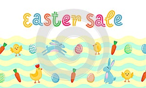 Easter sale vector cute banner with colored ornate eggs, cartoon chiken and Easter banny, rabbit on green spring grass field wave