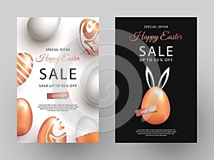 Easter Sale white, black and gold posters or flyers design set with eggs and rabbits ears.