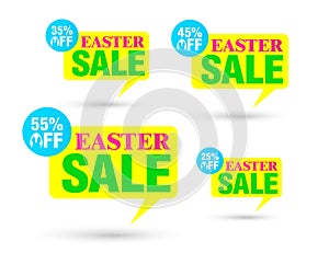 Easter sale. Yellow tag speech bubble. Set of 25%, 35%, 45%, 55% off discount