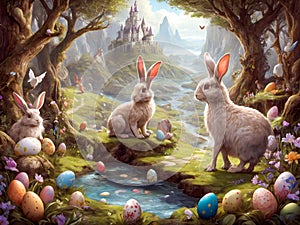 Easter scene with bunnies and colored eggs in the forest