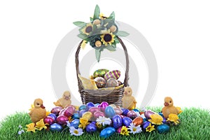 Easter scene with chocolate eggs and chickens