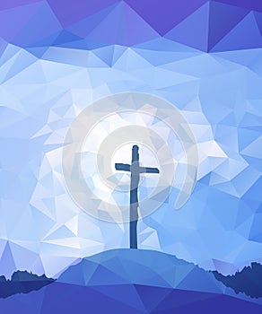 Easter scene with cross. Jesus Christ. Polygonal vector design.