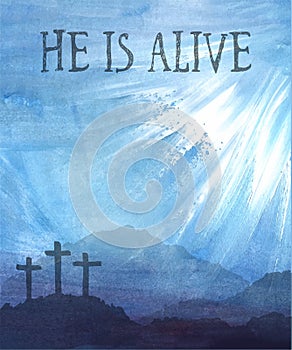 Easter scene with cross. Jesus Christ. Watercolor vector illustration