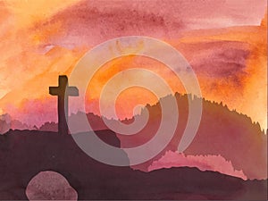 Easter scene with cross. Jesus Christ. Watercolor vector illustration