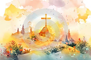 Easter scene with cross Jesus Christ Watercolor vector illustration. Generative AI