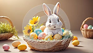 Easter scene with rabbit and colorful eggs. Small rabbit in yellow flower pot. Depicting rabbit in festive spring scene.