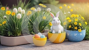 Easter scene with rabbit and colorful eggs. Small rabbit in yellow flower pot. Depicting rabbit in festive spring scene.