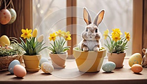 Easter scene with rabbit and colorful eggs. Small rabbit in yellow flower pot. Depicting rabbit in festive spring scene.