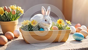 Easter scene with rabbit and colorful eggs. Small rabbit in yellow flower pot. Depicting rabbit in festive spring scene.