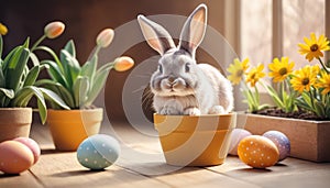 Easter scene with rabbit and colorful eggs. Small rabbit in yellow flower pot. Depicting rabbit in festive spring scene.