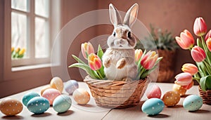 Easter scene with rabbit and colorful eggs. Small rabbit in yellow flower pot. Depicting rabbit in festive spring scene.