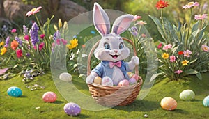 Easter scene with rabbit and colorful eggs. Small rabbit in yellow flower pot. Depicting rabbit in festive spring scene.