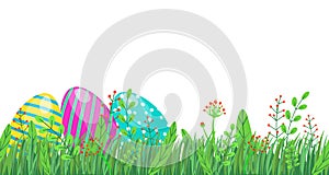 Easter seamless border with eggs, spring grass and floral elements, flowers isolated on white background in minimal