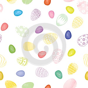 Easter seamless gentle vector pattern with bunnies and easter eggs over white background. Easter holiday decor for website,