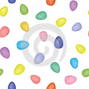 Easter seamless gentle vector pattern with bunnies and easter eggs over white background. Easter holiday decor for website,