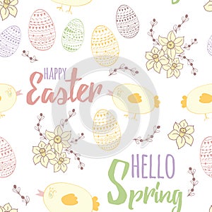 Easter seamless hand drawn pattern with cute little chicken, spring flowers - narcissus, easter eggs, letters