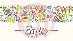 Easter Seamless Ornament Line with Eggs and Flowers Isolated