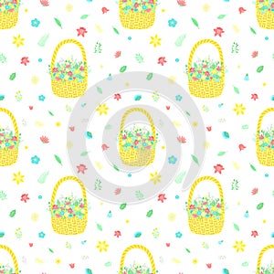 Easter seamless pattern with basket of flowers and bouquet on a transparent background. Vector hand-drawn illustration for spring