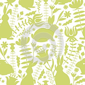 Easter seamless pattern with bunnies silhouette, flowers and leaves.