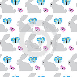 Easter Seamless Pattern With Bunny And Butterfly Ornament On White Background