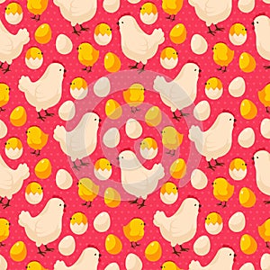 Easter seamless pattern with chicks, hens and