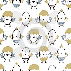 Easter seamless pattern with chiks. Handwritten illustration