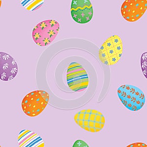 Easter seamless pattern with colourful painted eggs on the lilac background.