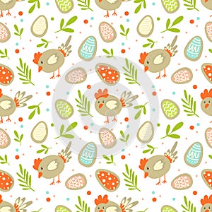 Easter seamless pattern with cookie eggs, hen, flowers