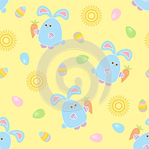 Easter seamless pattern. Cute bunnies with carrots, multi-colored Easter eggs and the sun