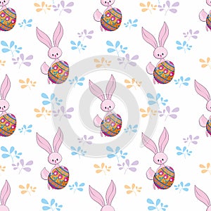 Easter seamless pattern with cute bunnies and colored eggs.