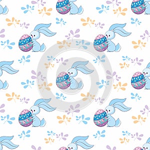 Easter seamless pattern with cute bunnies and colored eggs.